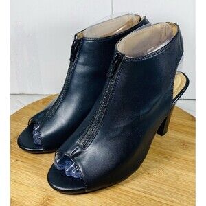 Coolle Diva Shoes  Molly Front Zip Peep Toe Black Heeled Booties Size 6.5